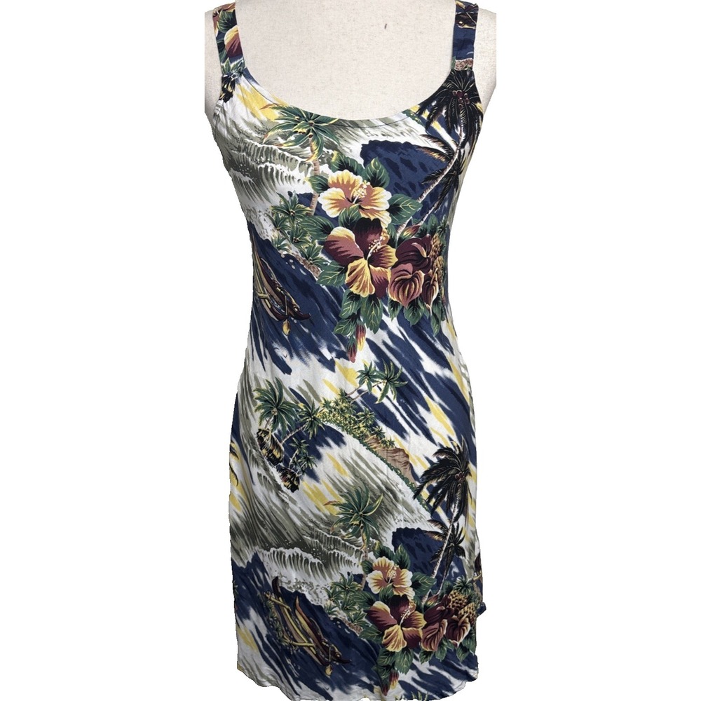Hilo Hattie Hawaiian Original Floral Slip Dress Womens Small Blue Vacation